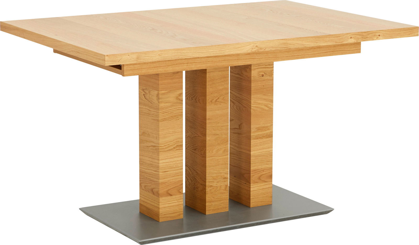 Moderner Esstisch aus Holz mit rechteckiger Tischplatte und drei massiven Holzsäulen als Beine, seitliche Perspektive.