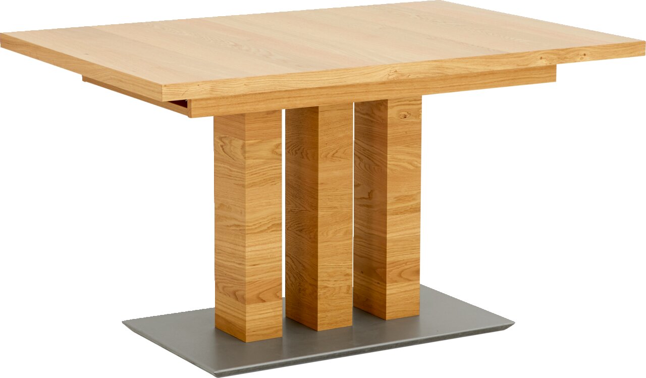 Moderner Esstisch aus Holz mit rechteckiger Tischplatte und drei massiven Holzsäulen als Beine, seitliche Perspektive.