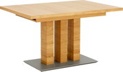 Moderner Esstisch aus Holz mit rechteckiger Tischplatte und drei massiven Holzsäulen als Beine, seitliche Perspektive.