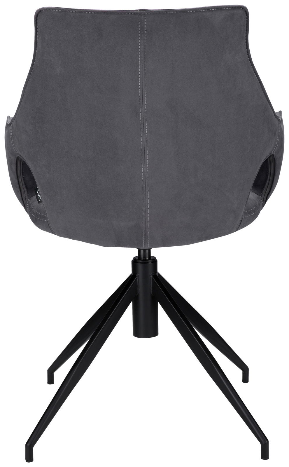 Rückansicht eines grauen Sessels mit schwarzem Metallgestell