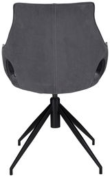 Rückansicht eines grauen Sessels mit schwarzem Metallgestell