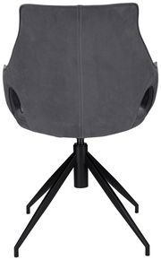 Rückansicht eines grauen Sessels mit schwarzem Metallgestell