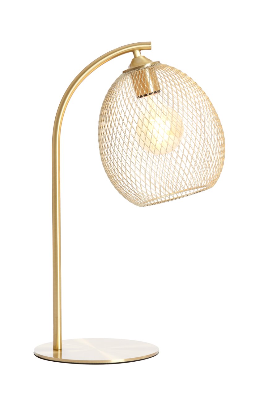 Elegante Tischleuchte mit gebogenem, goldfarbenem Gestell und einem netzartigen Lampenschirm, seitliche Perspektive.