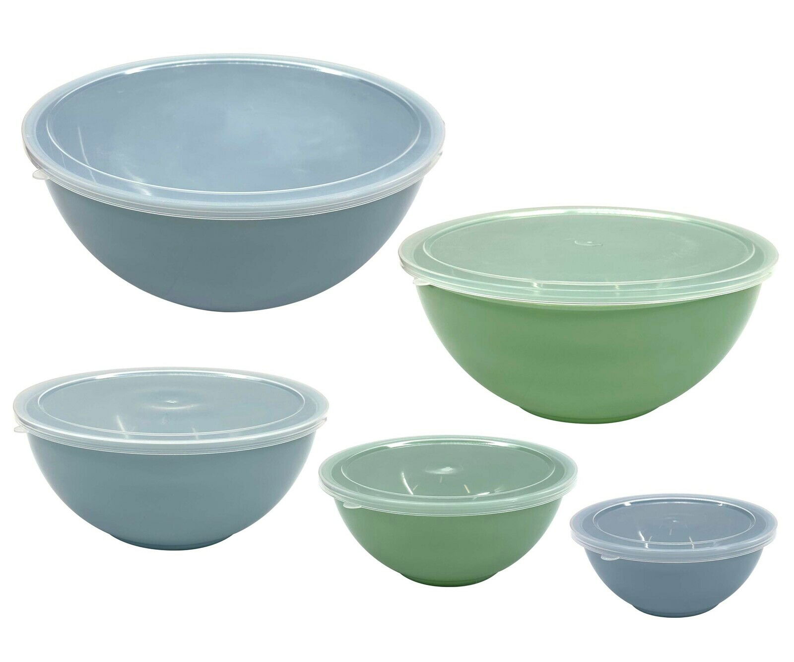 Fünfteiliges Schüsselset in verschiedenen Größen und Farben mit transparenten Deckeln, aus seitlicher Perspektive fotografiert.