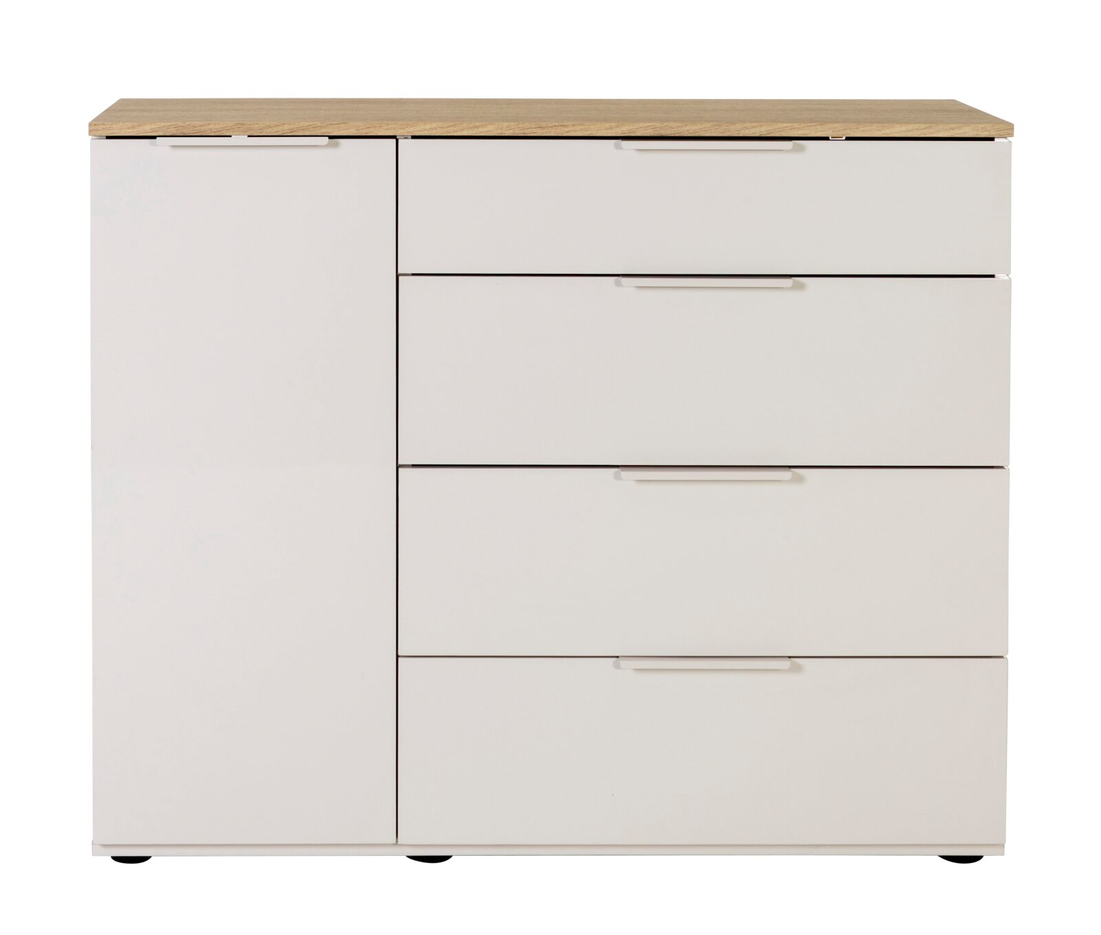 Weiße Kommode mit Holzplatte, links eine Tür und rechts vier Schubladen mit Griffleisten, freigestellt vor weißem Hintergrund, Frontansicht