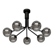 Moderne plafondlamp met zeven bolvormige, reflecterende glazen elementen, gezien van onderaf.