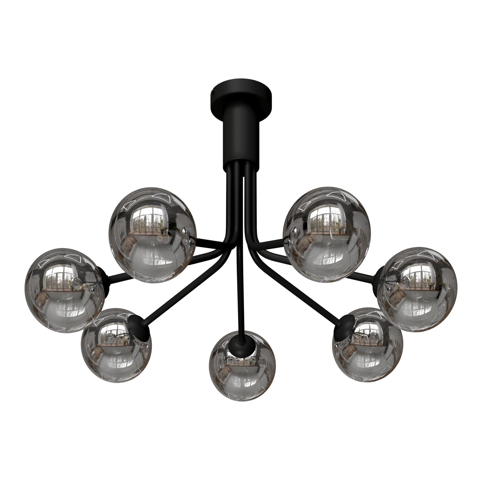 Moderne plafondlamp met zeven bolvormige, reflecterende glazen elementen, gezien van onderaf.