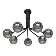 Moderne Deckenleuchte mit sieben kugelförmigen, reflektierenden Glaskörpern, von unten betrachtet.