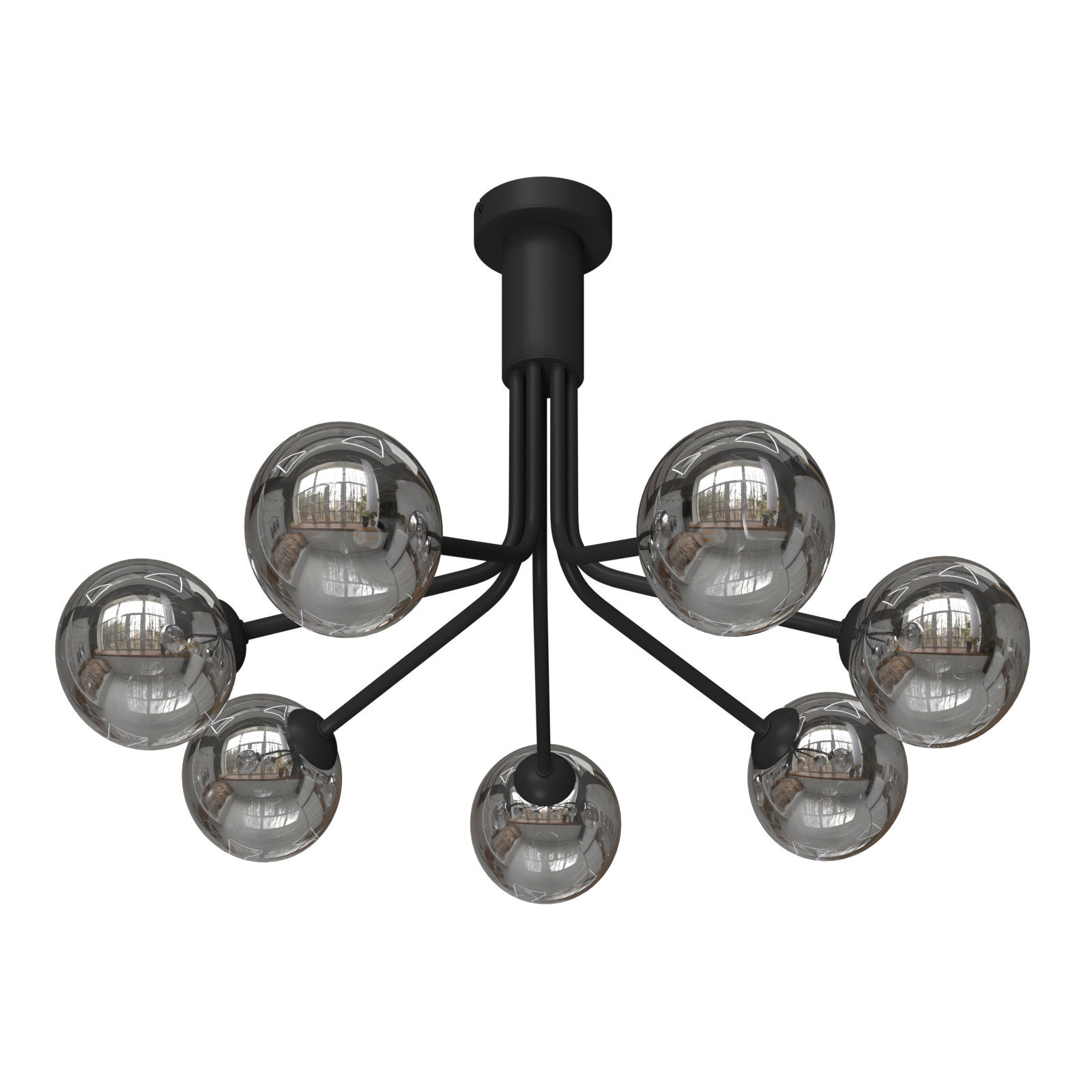 Moderne Deckenleuchte mit sieben kugelförmigen, reflektierenden Glaskörpern, von unten betrachtet.