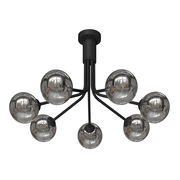 Moderne Deckenleuchte mit sieben kugelförmigen, reflektierenden Glaskörpern, von unten betrachtet.