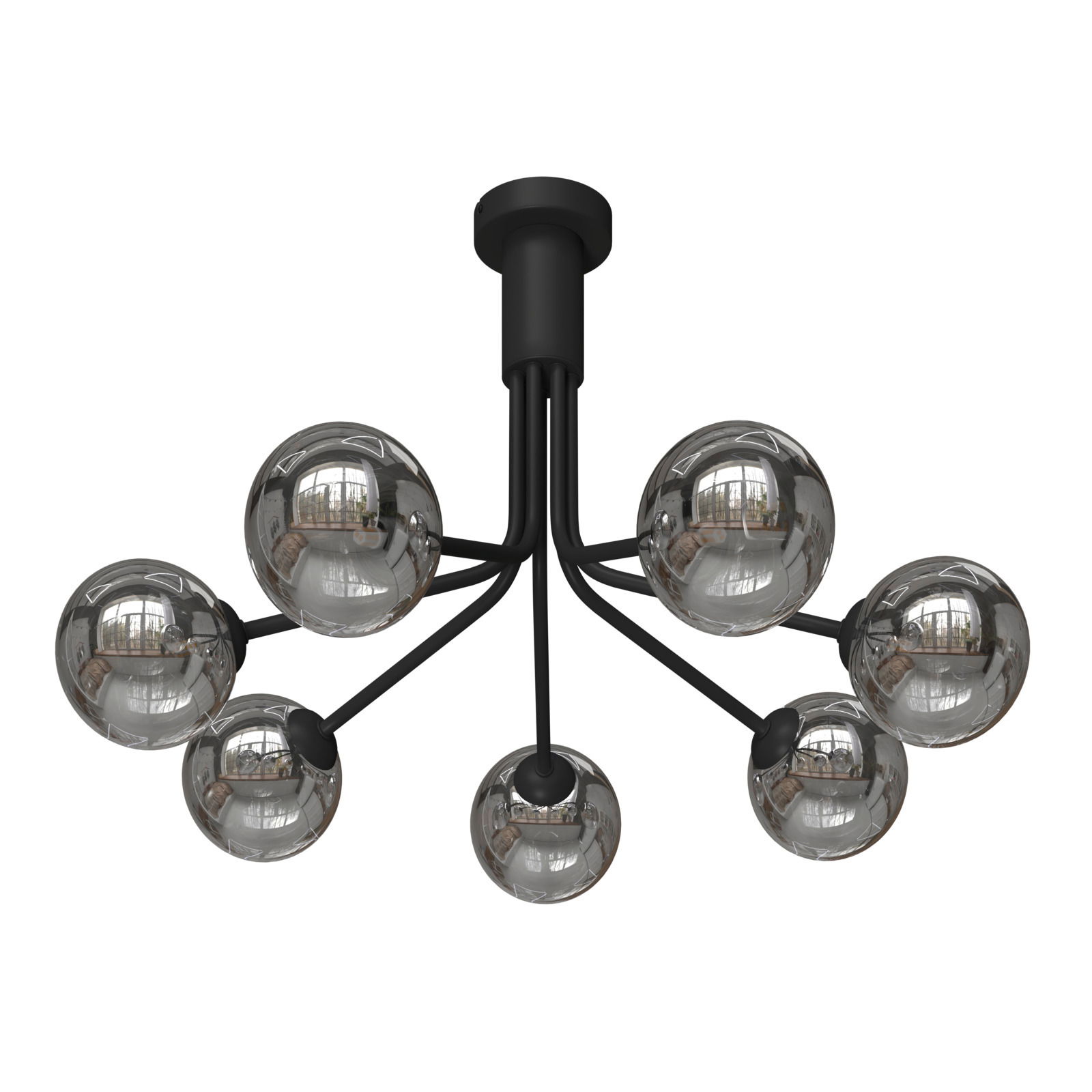 Moderne Deckenleuchte mit sieben kugelförmigen, reflektierenden Glaskörpern, von unten betrachtet.