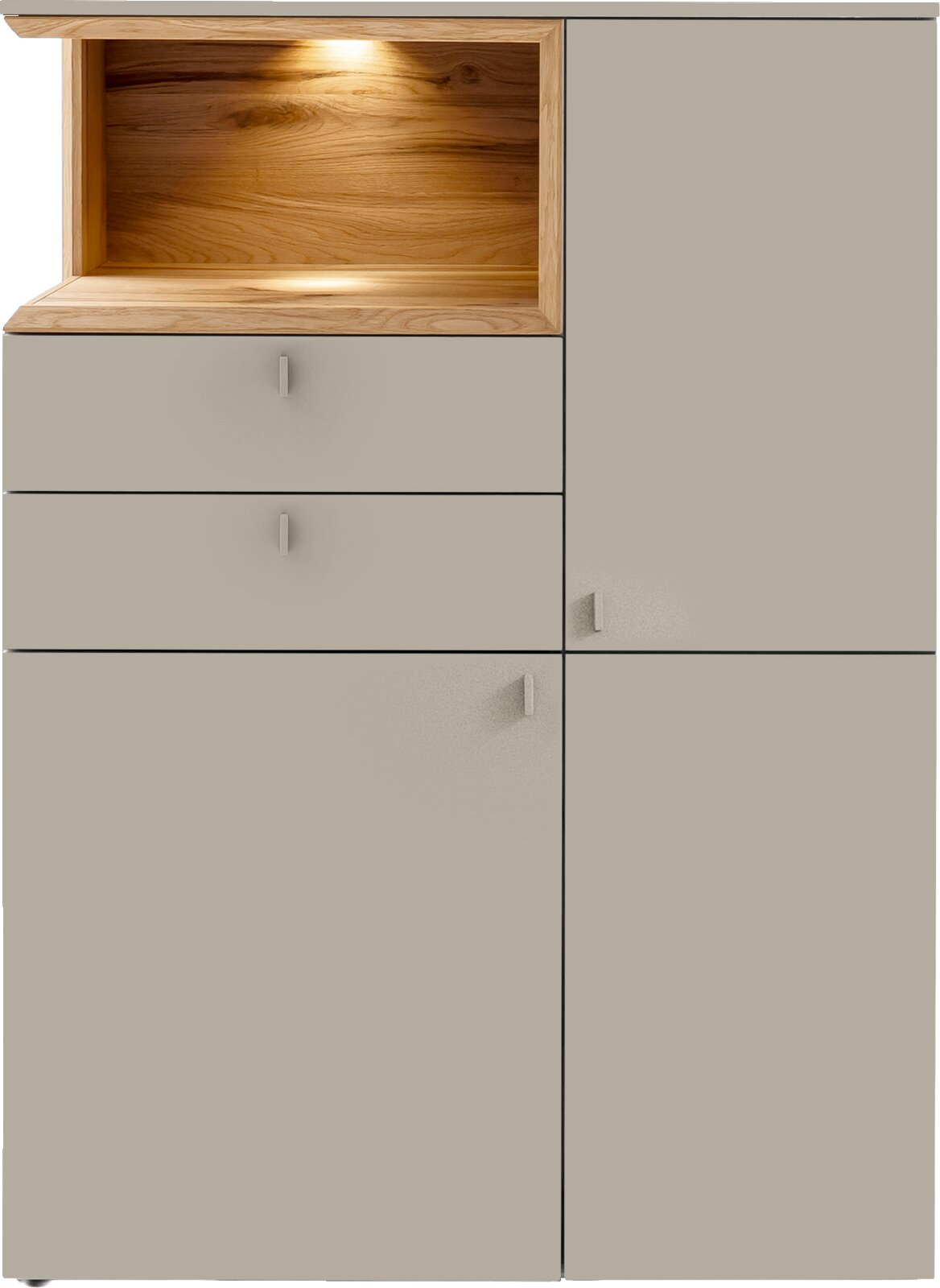 Moderne opbergkast in lichtgrijs met twee lades en twee deuren, met open houten nis en ingebouwde verlichting bovenin, gefotografeerd in vooraanzicht.