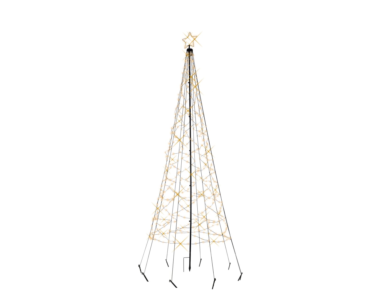 Kegelförmiger schwarzer Metall-Weihnachtsbaum mit warmweißer Lichterkette und leuchtendem Stern, frontal in Gesamtansicht vor weißem Hintergrund