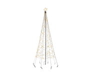 Kegelförmiger schwarzer Metall-Weihnachtsbaum mit warmweißer Lichterkette und leuchtendem Stern, frontal in Gesamtansicht vor weißem Hintergrund