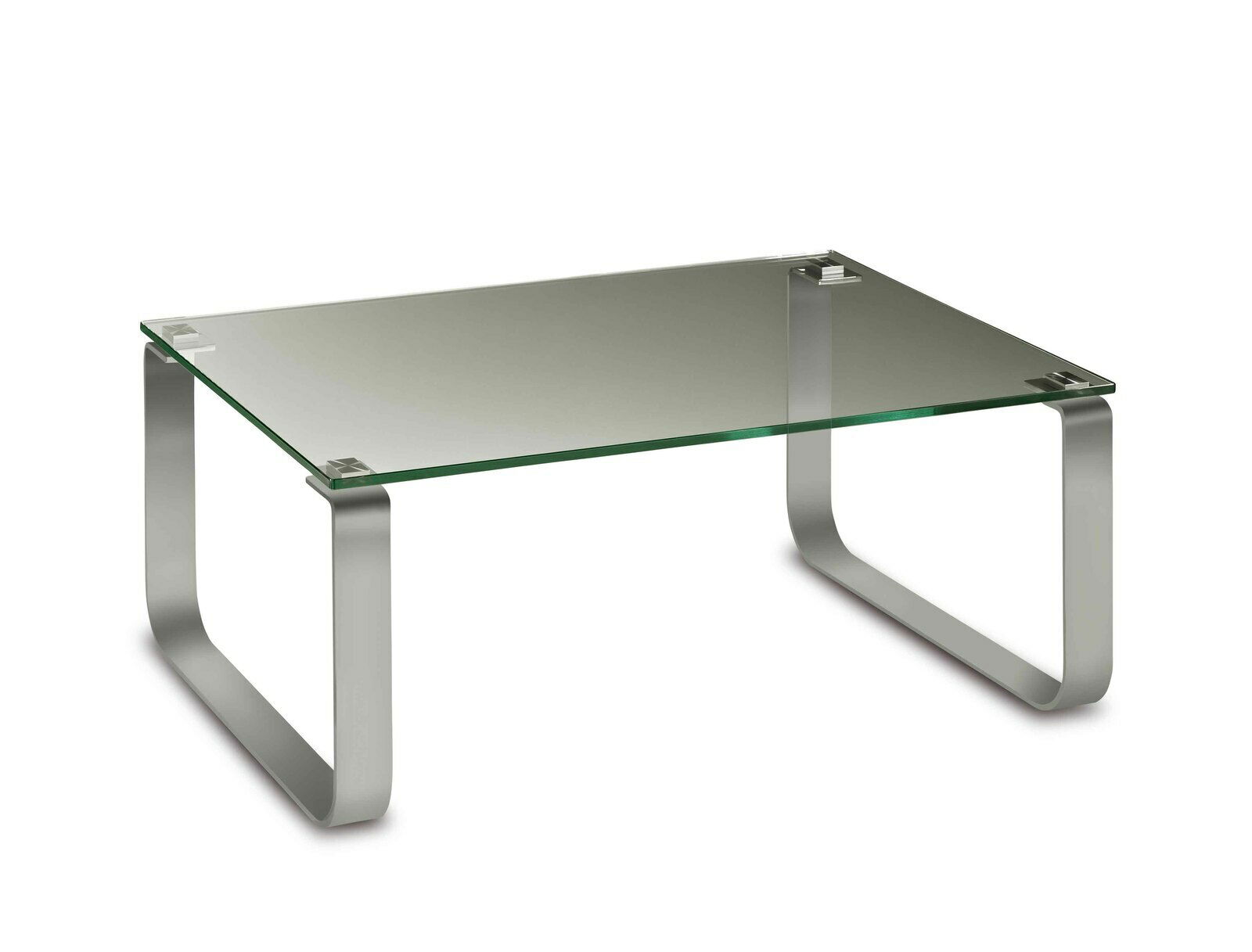 Moderner Couchtisch mit Glasplatte und gebogenen Metallbeinen, seitliche Perspektive