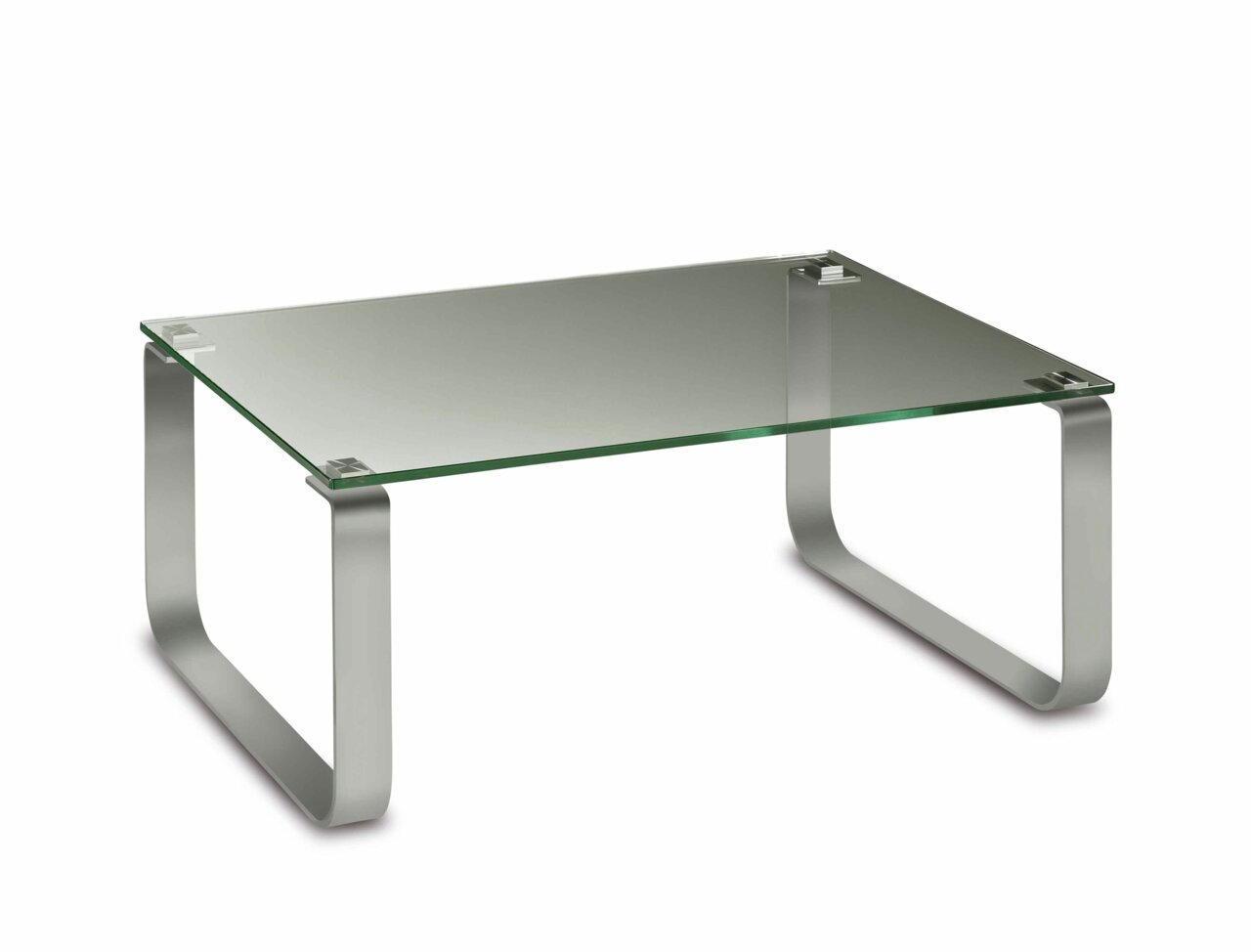 Moderner Couchtisch mit Glasplatte und gebogenen Metallbeinen, seitliche Perspektive