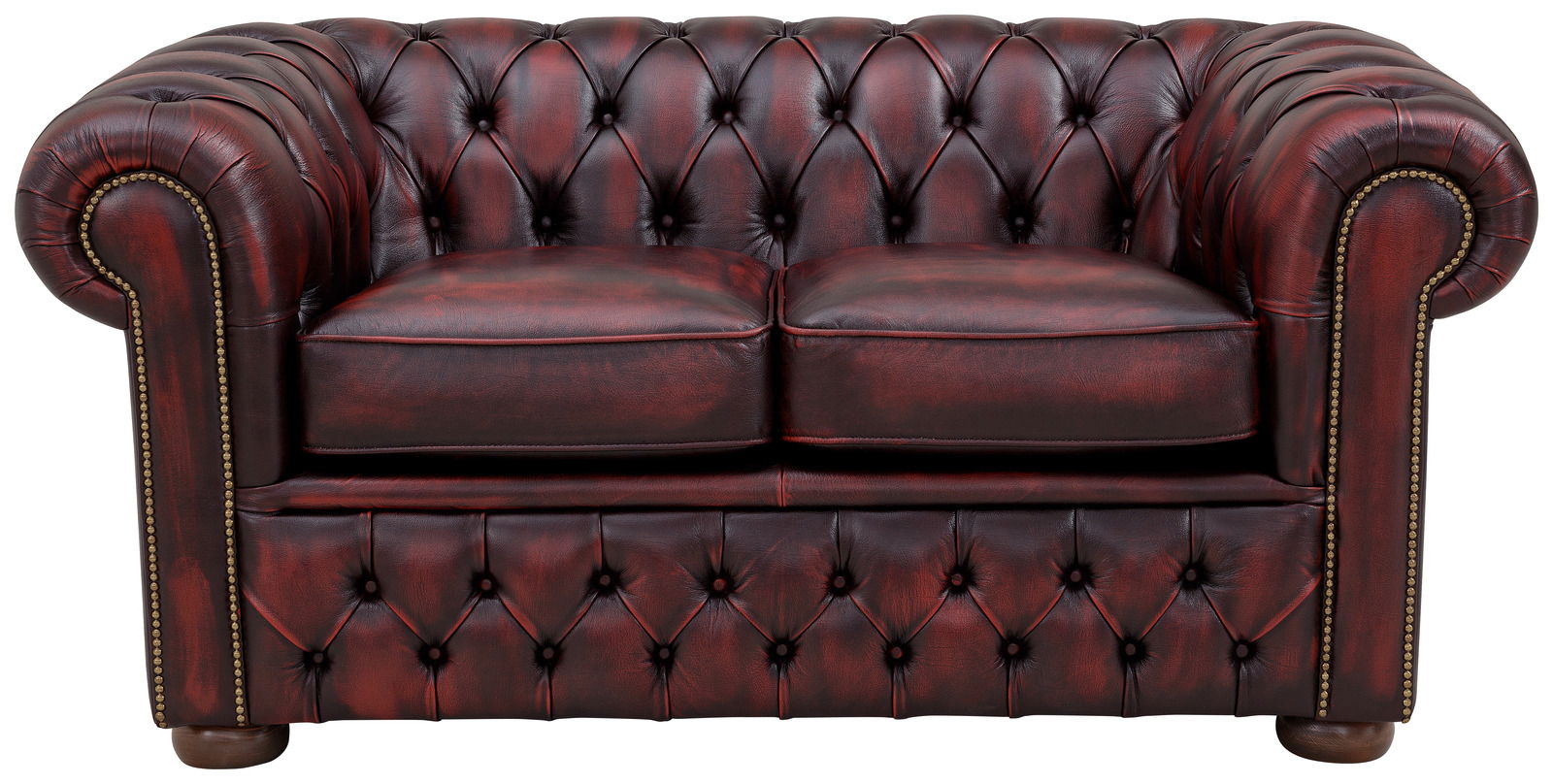Zweiersofa im Chesterfield-Stil aus dunkelrotem Leder, Frontalansicht