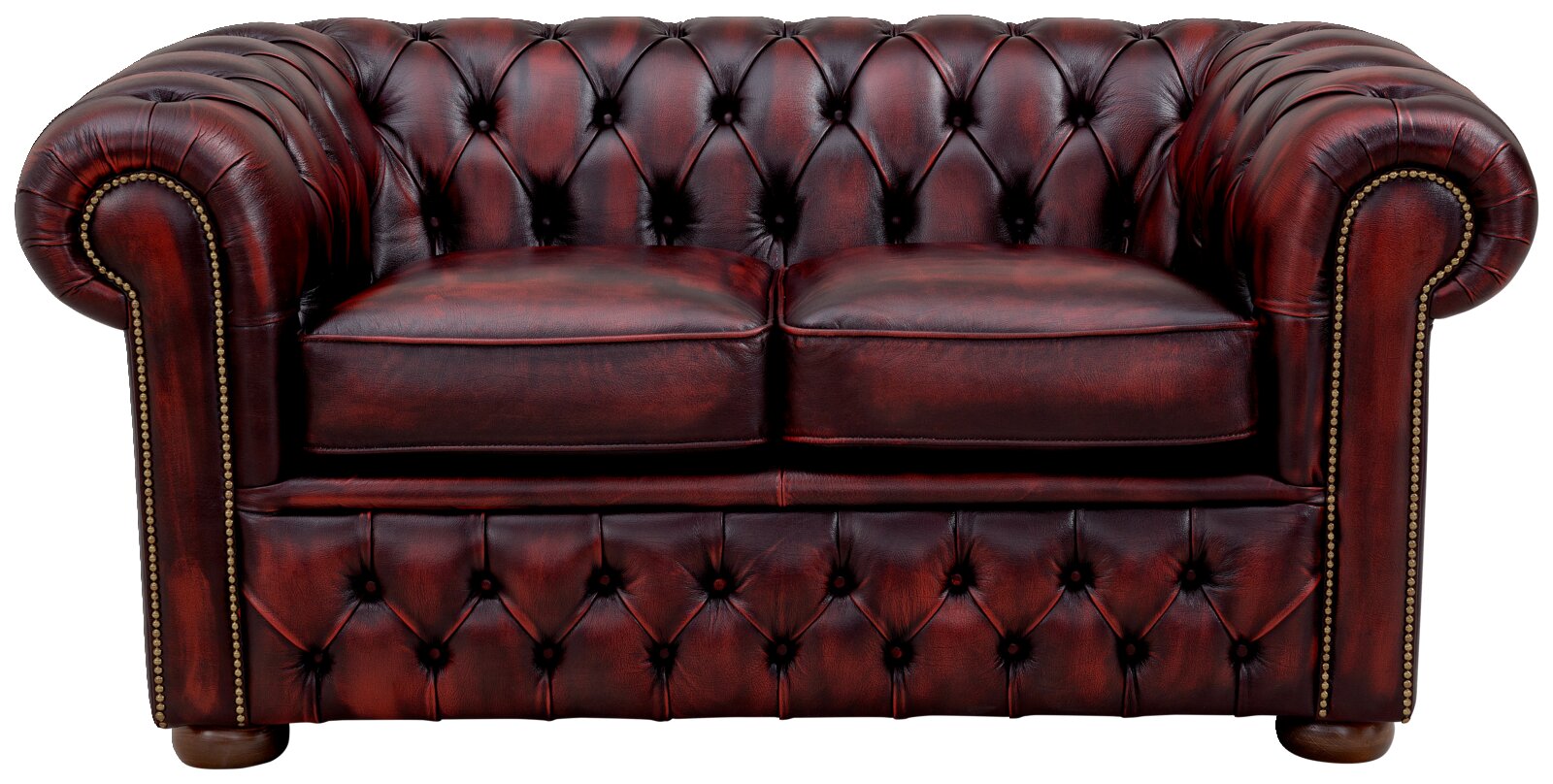 Tweezitsbank in Chesterfield-stijl van donkerrood leer, vooraanzicht