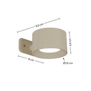 Akku-Wandleuchte in seitlicher Perspektive mit den Maßen 9,3 cm x 8 cm x 4,5 cm und einem Durchmesser von 7,6 cm.