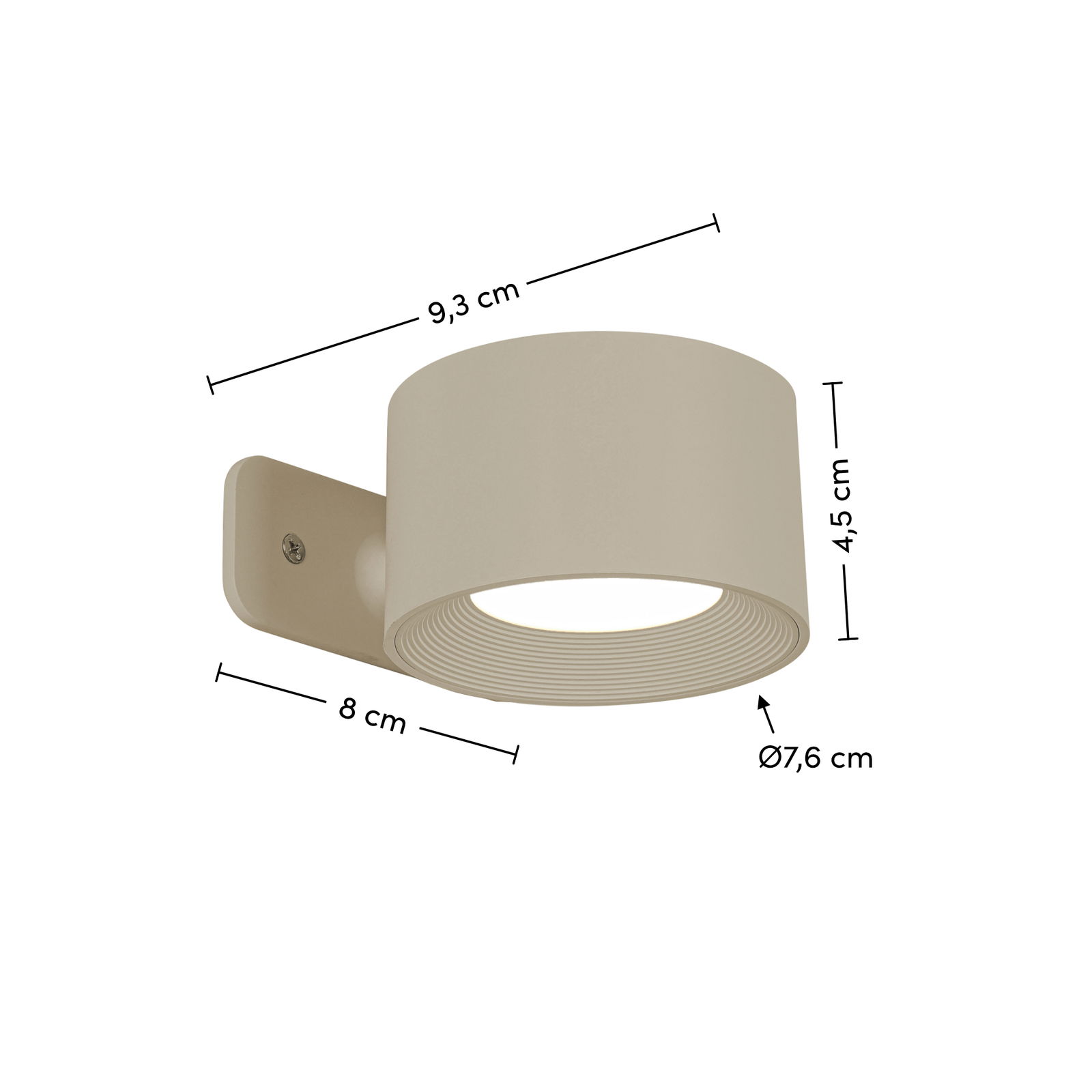 Akku-Wandleuchte in seitlicher Perspektive mit den Maßen 9,3 cm x 8 cm x 4,5 cm und einem Durchmesser von 7,6 cm.