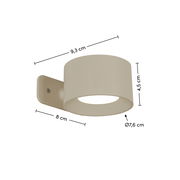 Akku-Wandleuchte in seitlicher Perspektive mit den Maßen 9,3 cm x 8 cm x 4,5 cm und einem Durchmesser von 7,6 cm.