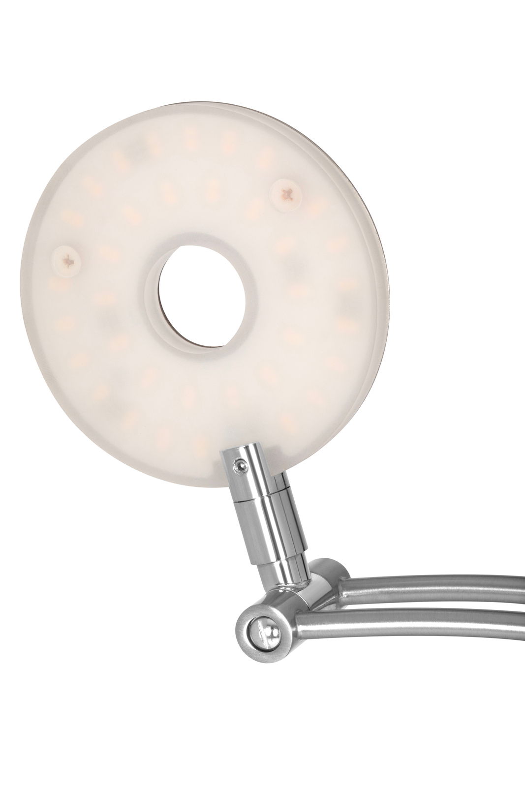 Nahaufnahme eines modernen LED-Deckenfluters von Dieter Knoll mit rundem, weißem Leuchtkopf und verstellbarem Metallarm.