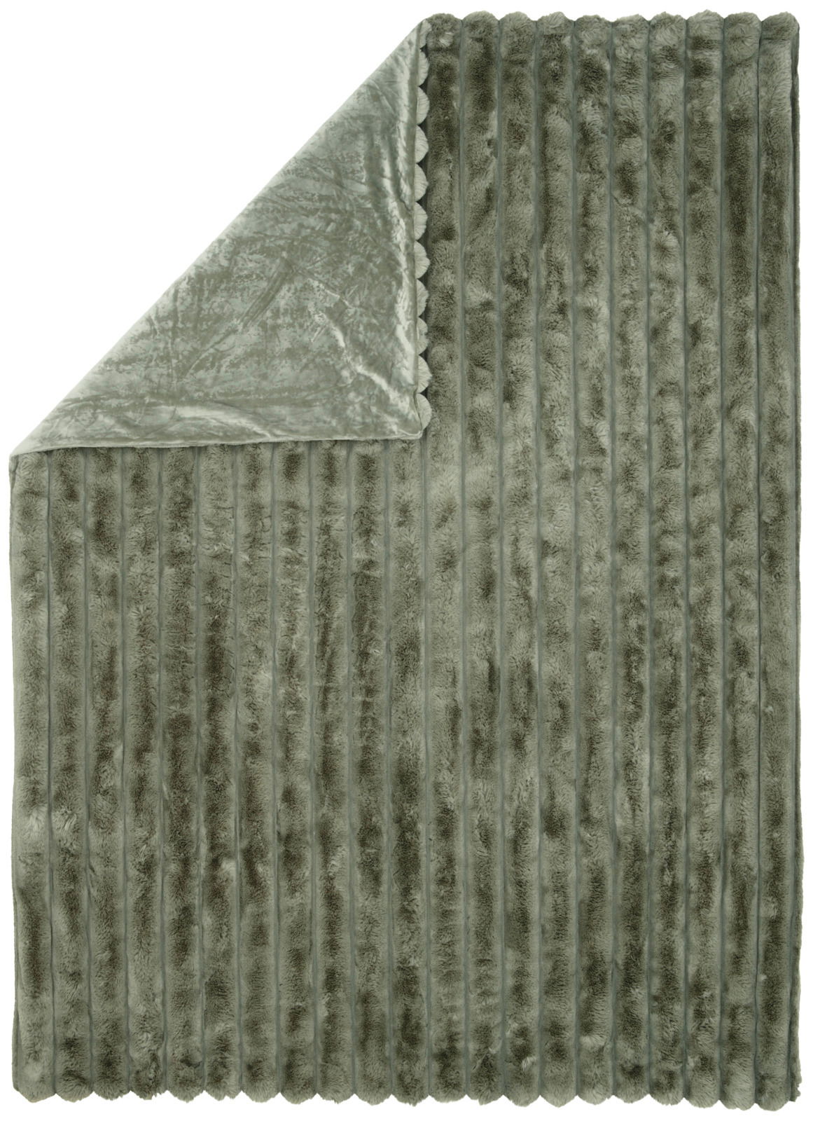 Grüne Felldecke mit gestreiftem Muster, von oben fotografiert, eine Ecke ist umgeschlagen.