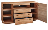 Holz-Sideboard mit offenen Schubladen und Türen, frontale Perspektive