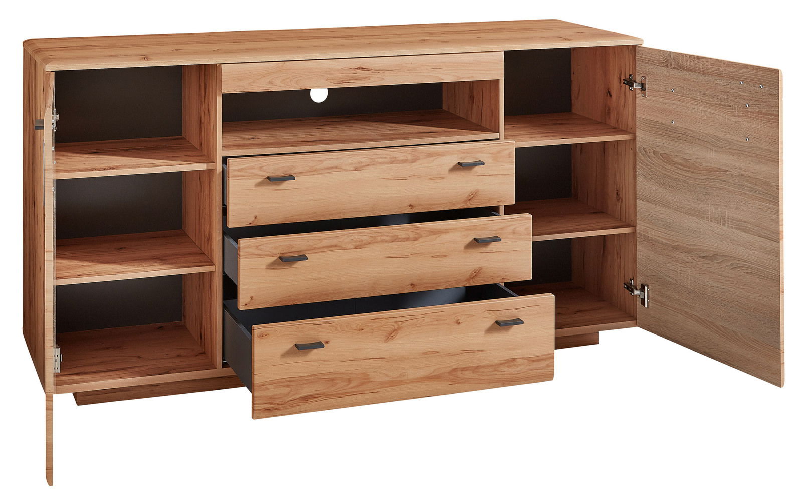 Holz-Sideboard mit offenen Schubladen und Türen, frontale Perspektive