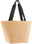 Shopper-Tasche aus Raffia in Beige mit schwarzen Henkeln, seitliche Perspektive