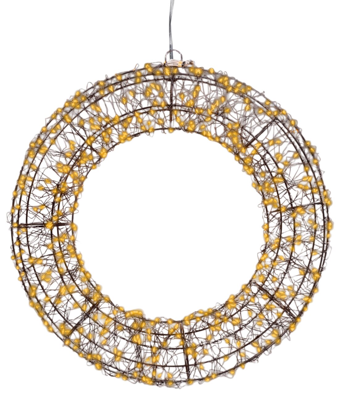 Kranz aus schwarzem Draht mit warmweißen Micro-LEDs, frontal betrachtet