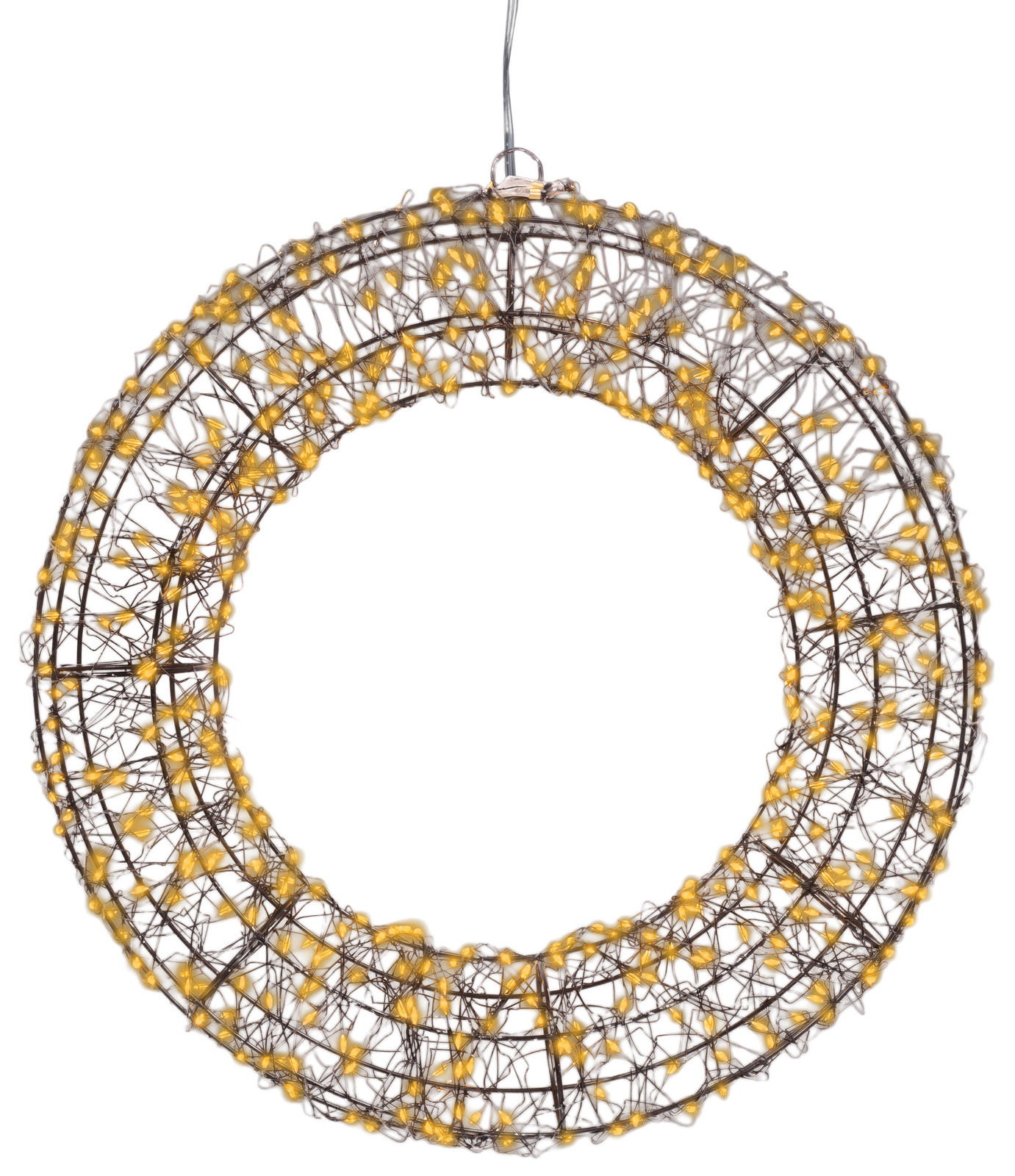 Kranz aus schwarzem Draht mit warmweißen Micro-LEDs, frontal betrachtet