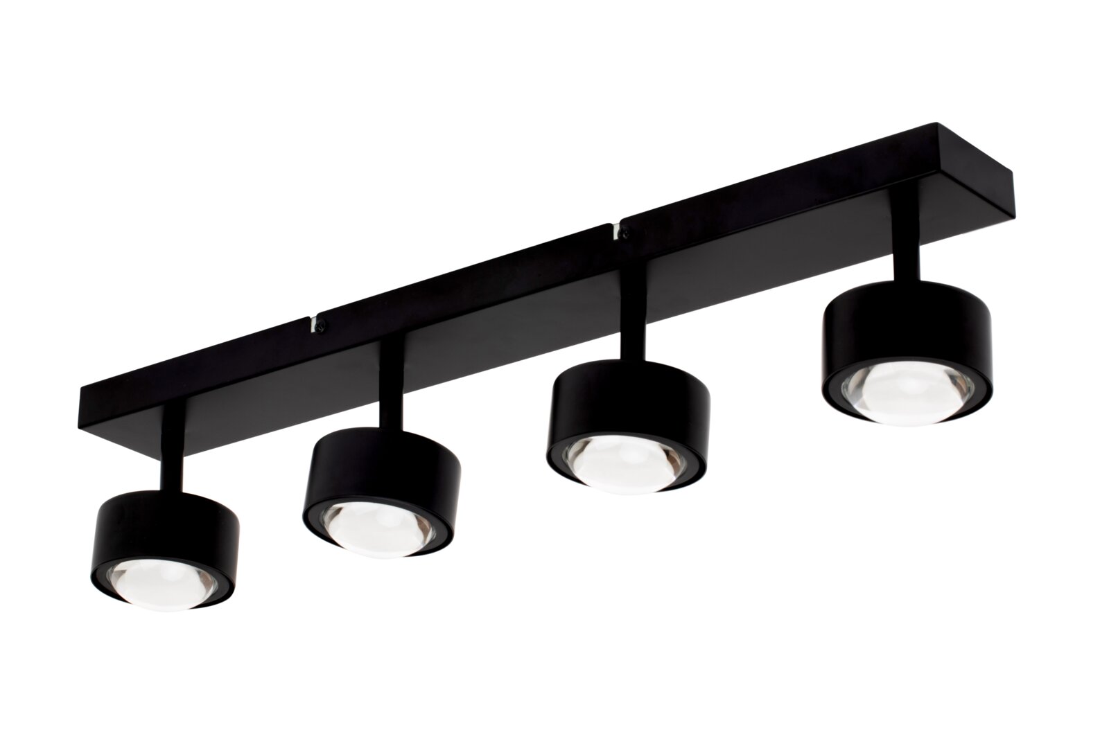 Zwarte led-spot met vier ronde lampen, zijaanzicht