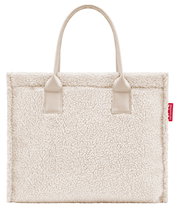 Vorderansicht einer cremefarbenen Shopper-Tasche mit weicher, flauschiger Textur und zwei Griffen.