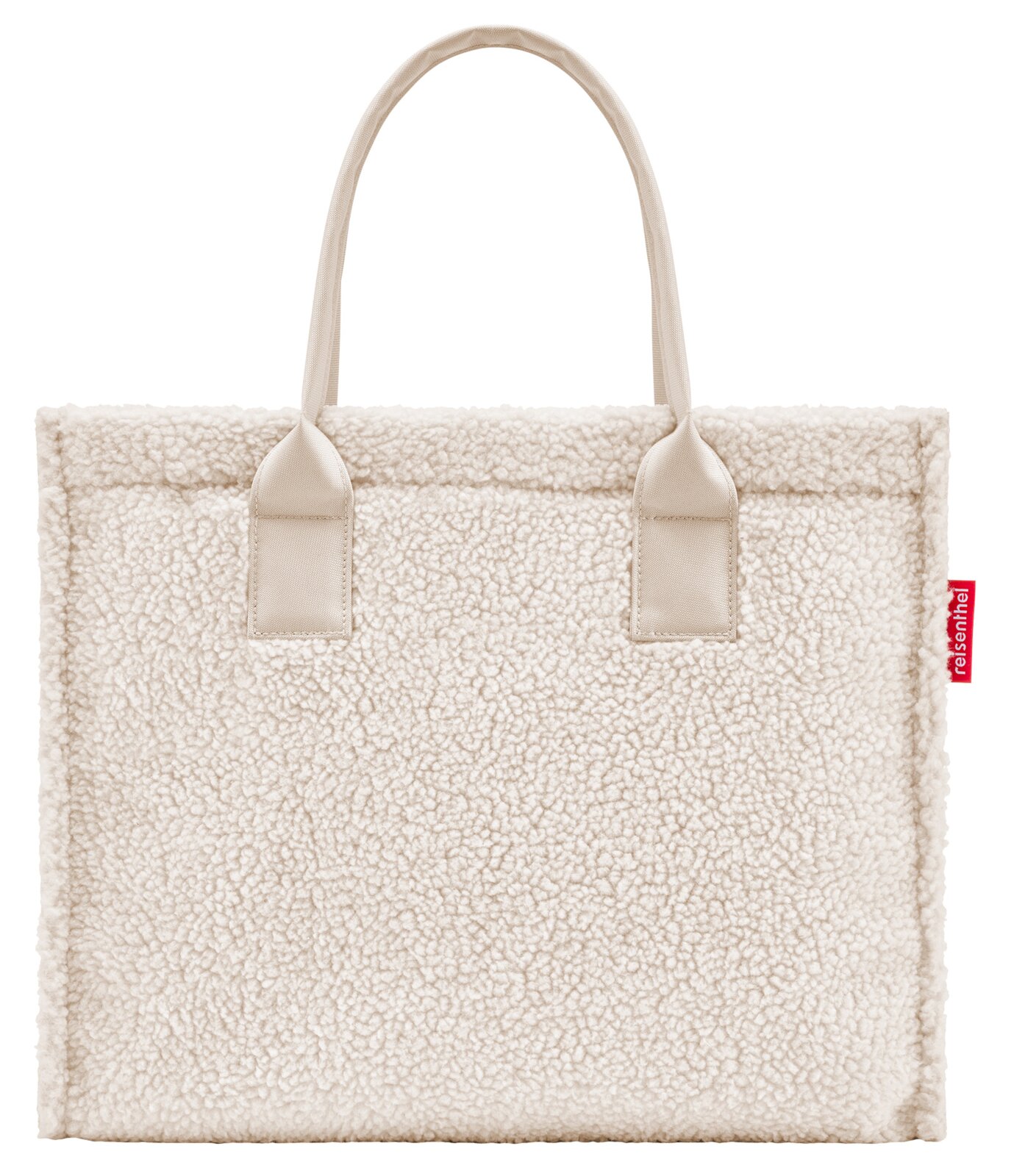 Vooraanzicht van een crèmekleurige shopper met een zachte, donzige textuur en twee handvatten.