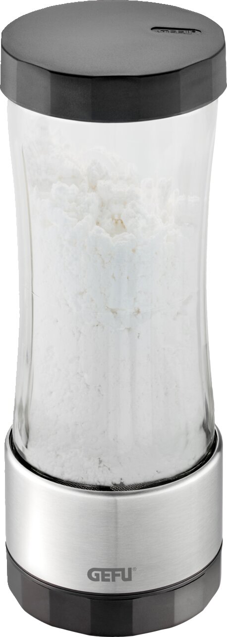 Puderzuckermühle aus Glas und Edelstahl mit schwarzem Deckel, frontal fotografiert.