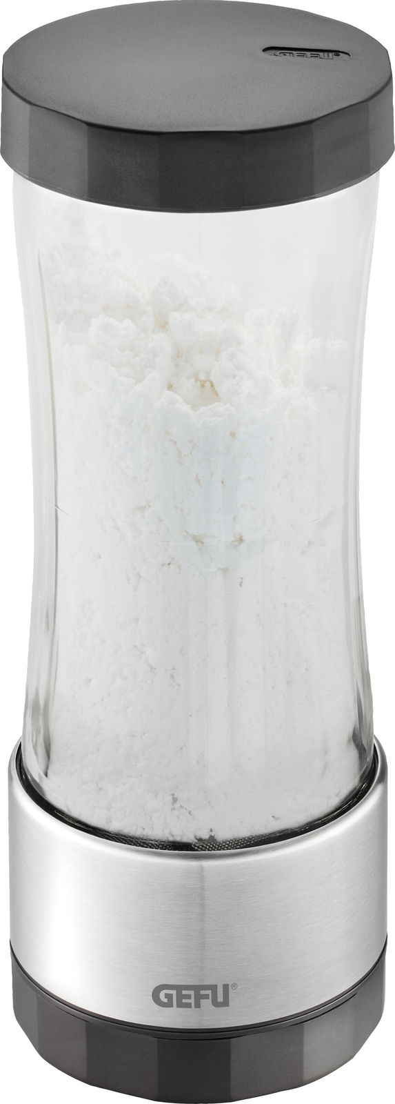 Puderzuckermühle aus Glas und Edelstahl mit schwarzem Deckel, frontal fotografiert.
