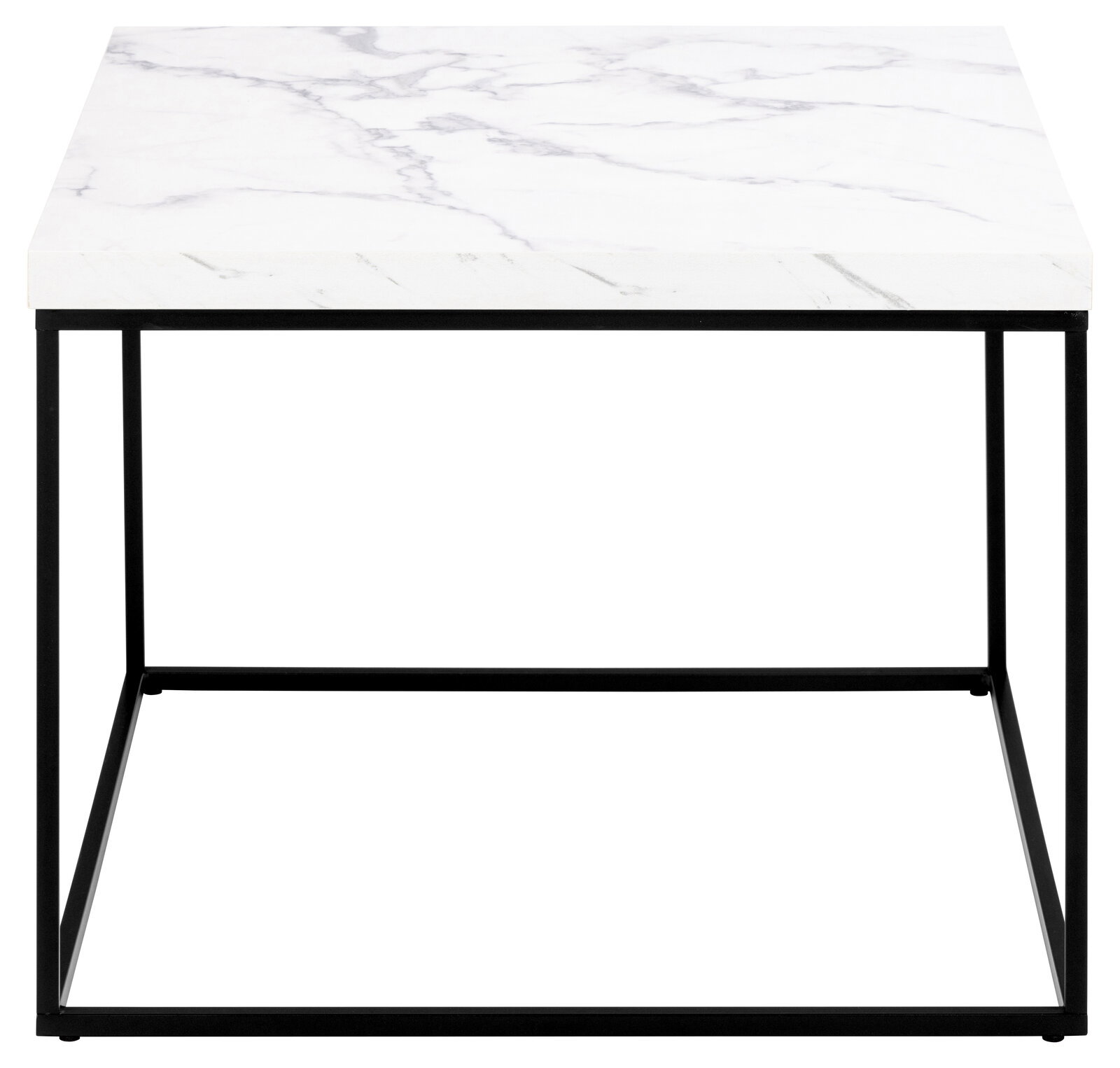 Moderner Couchtisch mit weißer Marmoroptik-Tischplatte und schwarzem Metallgestell, Frontalansicht.