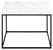 Moderner Couchtisch mit weißer Marmoroptik-Tischplatte und schwarzem Metallgestell, Frontalansicht.