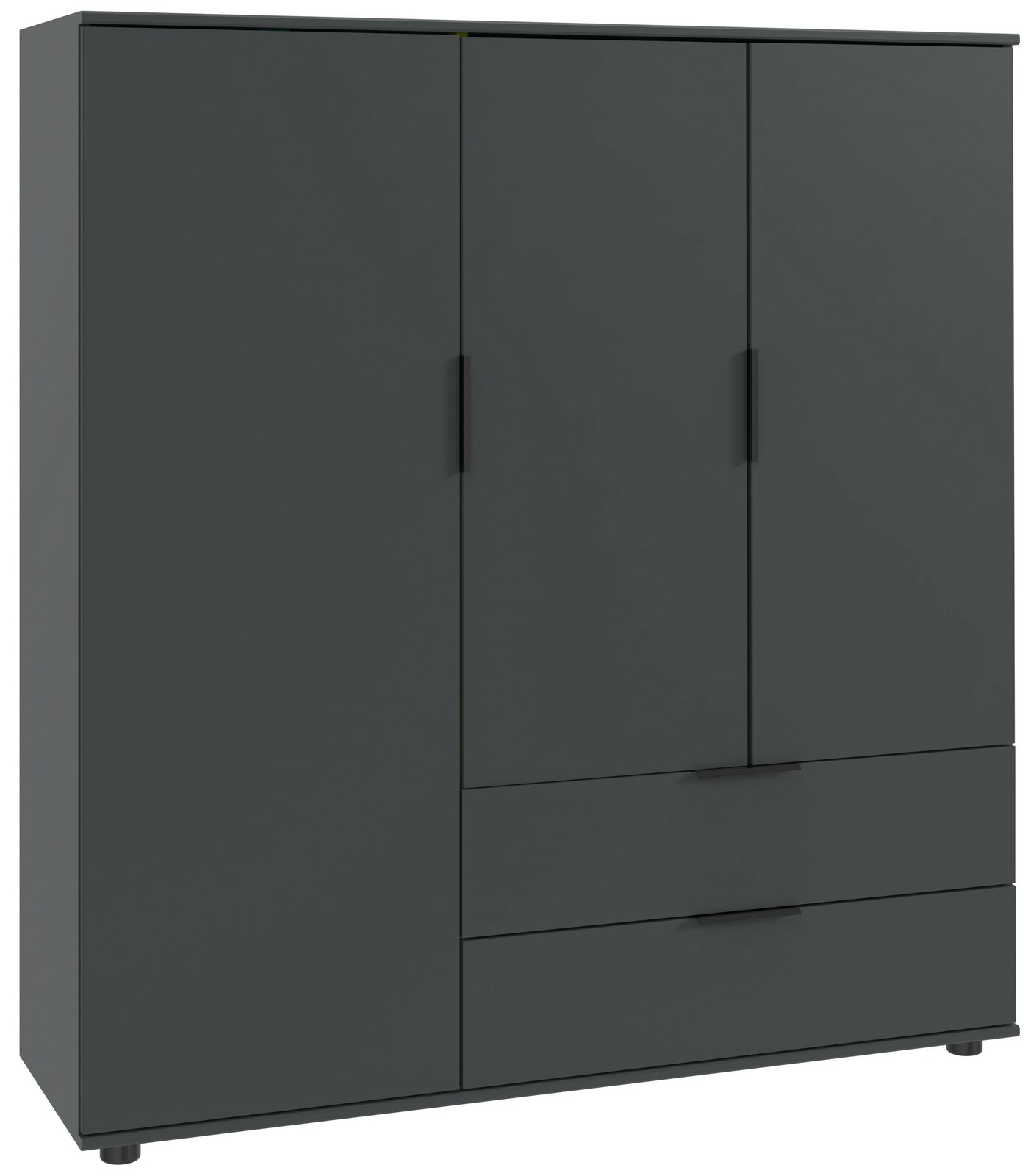 Dunkles Highboard mit drei Türen und zwei Schubladen, frontale Perspektive