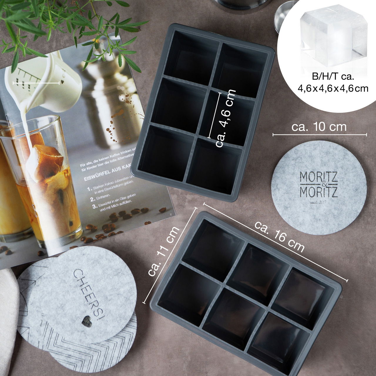 Eiswürfelform aus Silikon mit sechs Fächern, Draufsicht, Maße ca. 16 x 11 x 4,6 cm, ideal für große Eiswürfel.