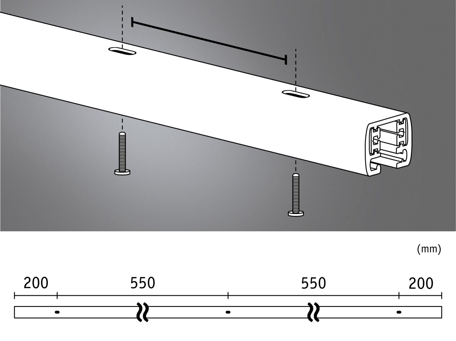 PAULMANN Schiene 1,5m URAIL Diagramm einer 1,5m langen Schiene mit Schrauben zur Befestigung, seitliche Perspektive