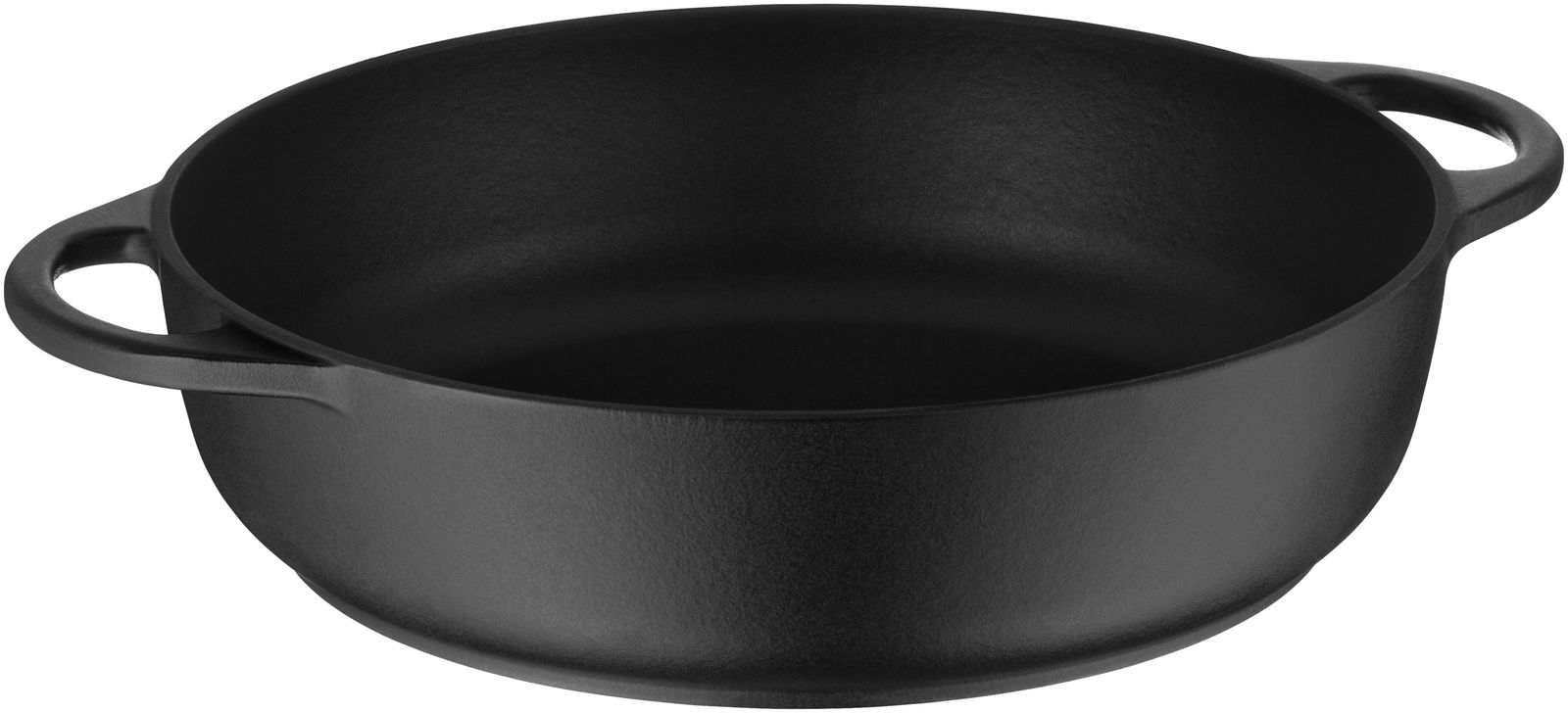 Schwarze Bauernpfanne aus Gusseisen mit zwei Griffen, seitliche Perspektive