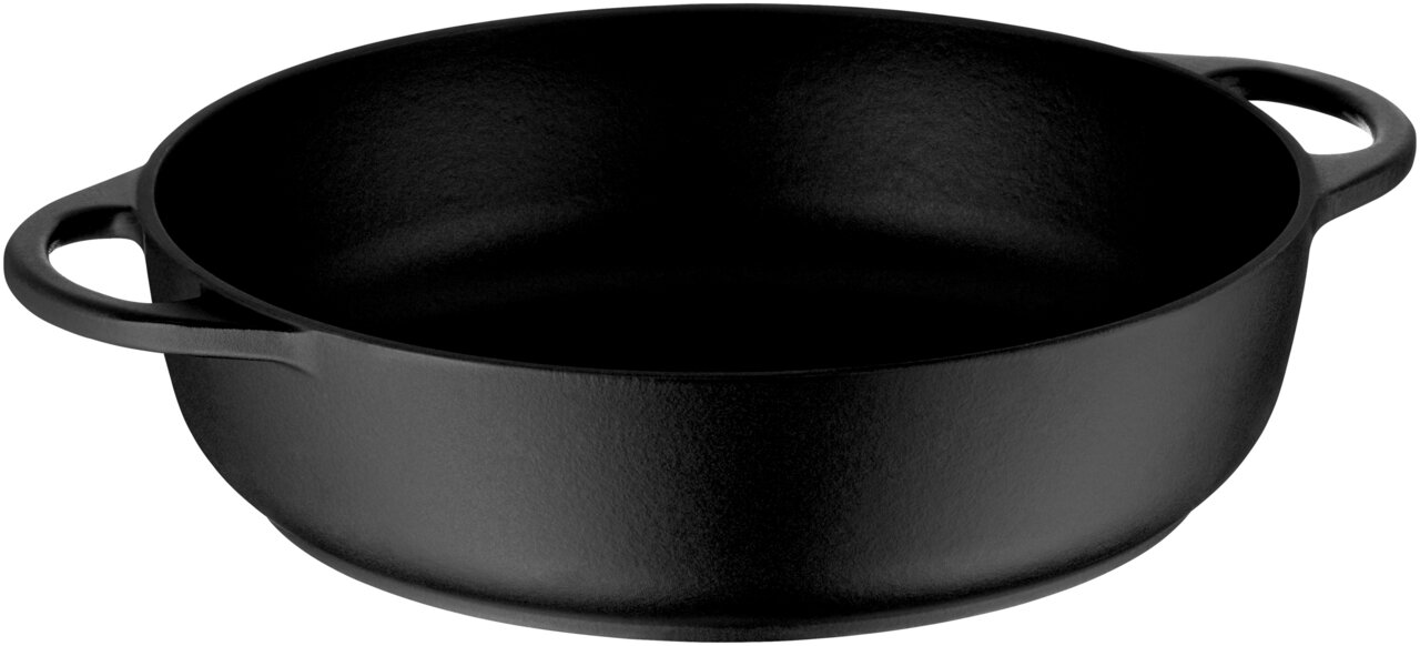 Schwarze Bauernpfanne aus Gusseisen mit zwei Griffen, seitliche Perspektive