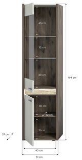 Vitrine aus dunklem Holz mit Glastüren, mehrere Fächer, Maße: 194 cm hoch, 51 cm tief, 43 cm breit, Frontansicht