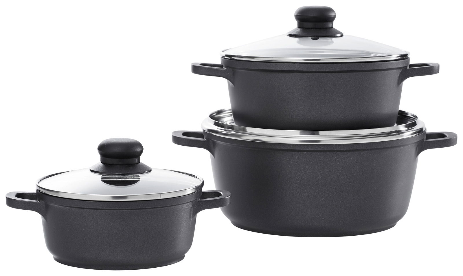 Homeware Topfset 3-tlg. Dreiteiliges Topfset mit Glasdeckeln, seitliche Perspektive