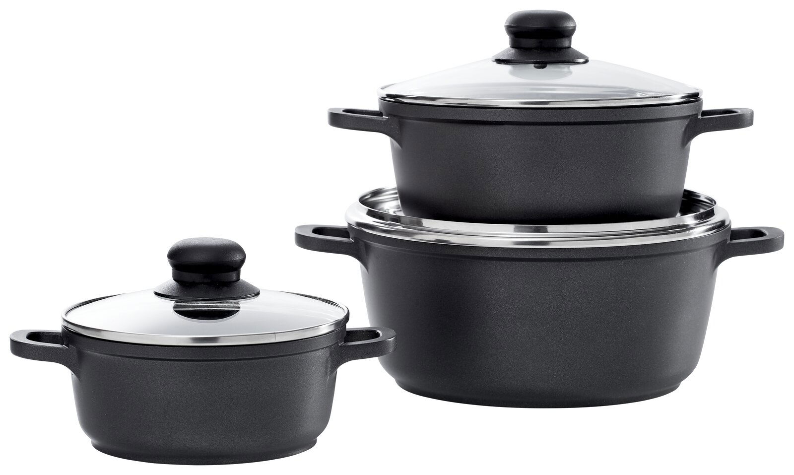 Homeware Topfset 3-tlg. Dreiteiliges Topfset mit Glasdeckeln, seitliche Perspektive