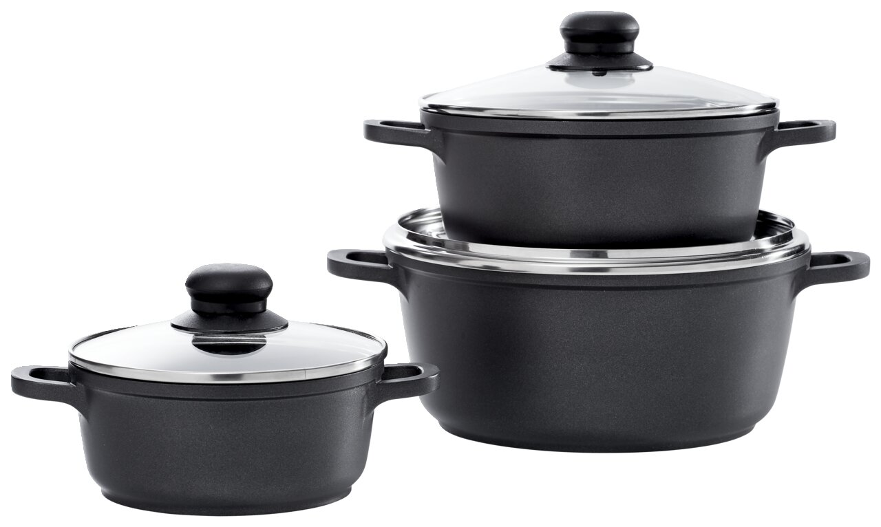 Homeware Topfset 3-tlg. Dreiteiliges Topfset mit Glasdeckeln, seitliche Perspektive