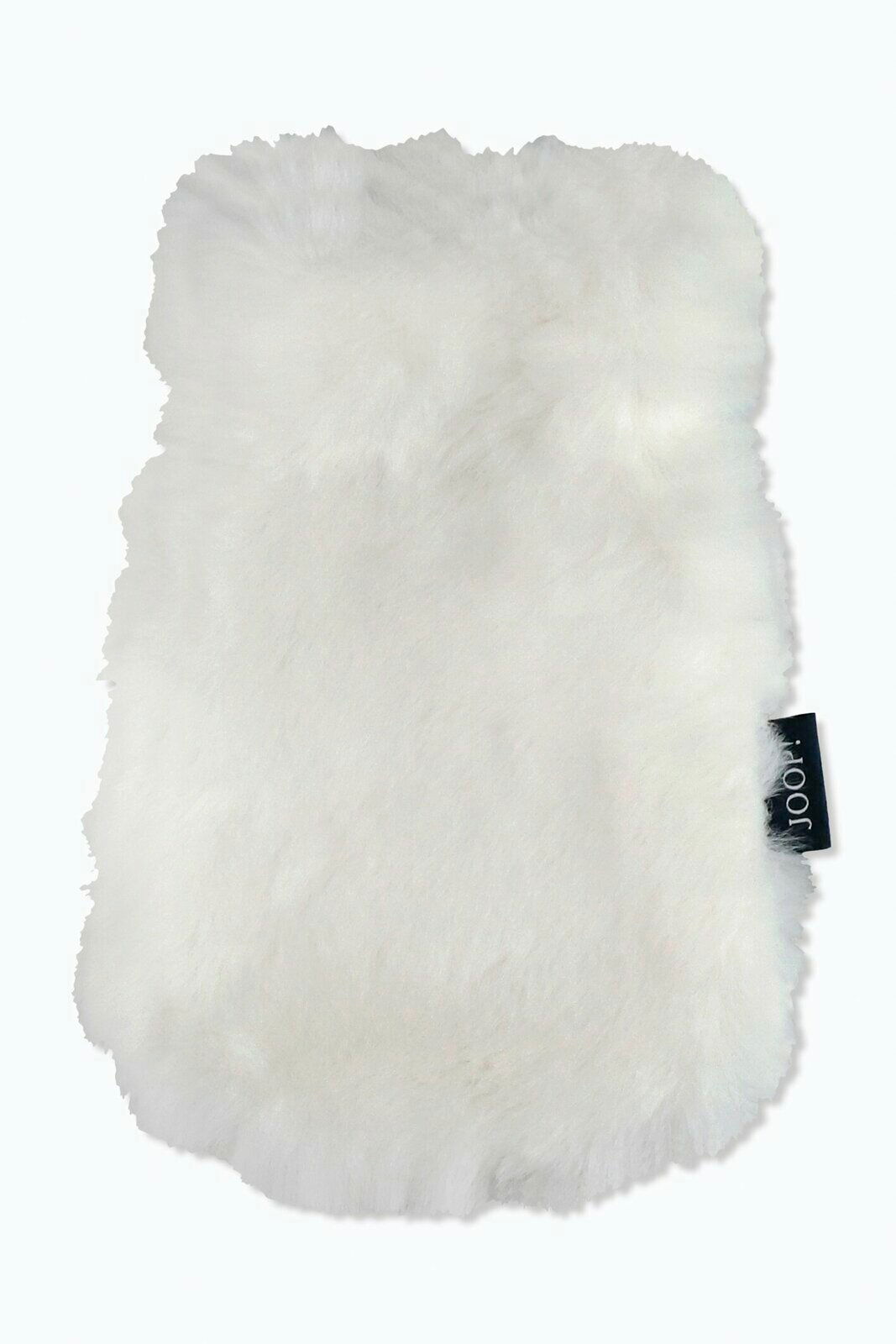 Weißer, flauschiger Handschuh mit JOOP!-Label, von oben betrachtet.