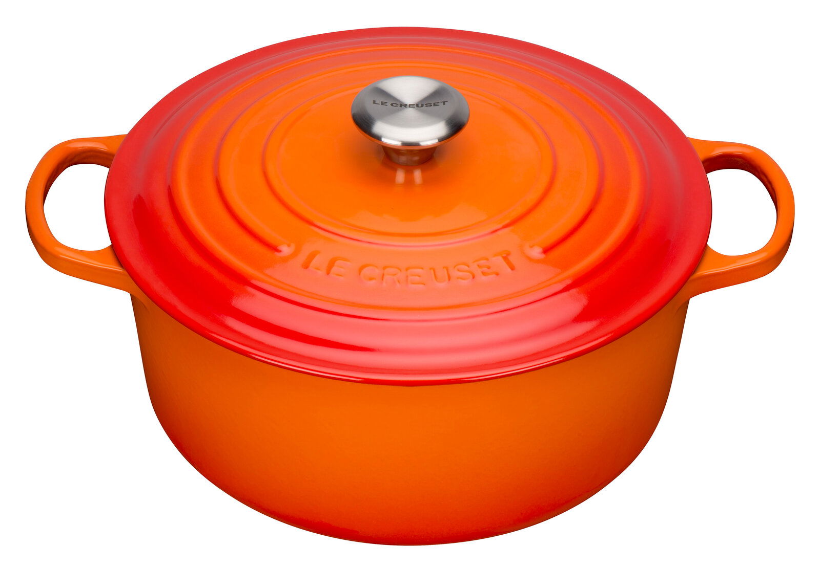 LE CREUSET Bräter Rund 24cm Ofenrot SIGNATURE Runder Bräter in Ofenrot von Le Creuset, Draufsicht mit sichtbarem Deckel und Griffen